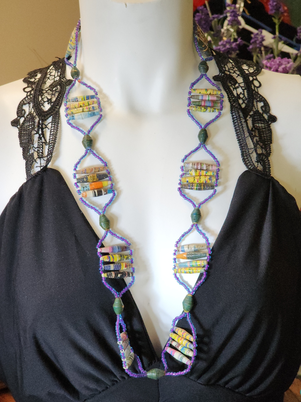 Vintage Unique Handmade Boho Purple Beaded Multicolor Paper Bead Necklace